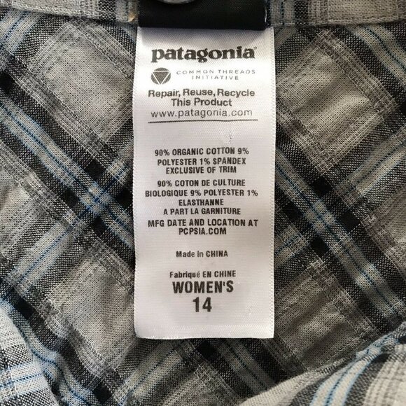 Patagonia Womans Sz 14 Gray & Blue Plaid Button Up Shirt - Picture 4 of 6